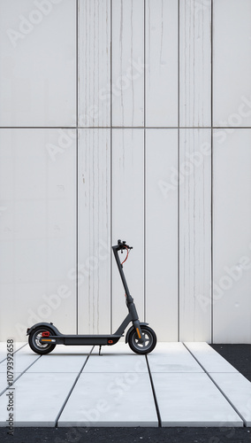 Electric Scooter Standing Against Minimalist Gray Wall, Modern Urban Transportation Solution for Sustainable City Mobility and Last Mile Commuting photo