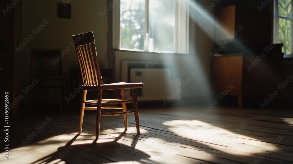 A single wooden chair basks in sunlight streaming through a window, casting long shadows in a serene and quiet room. A single wooden chair basks in sunlight streaming through a window, casting long shadows in a serene and quiet room.