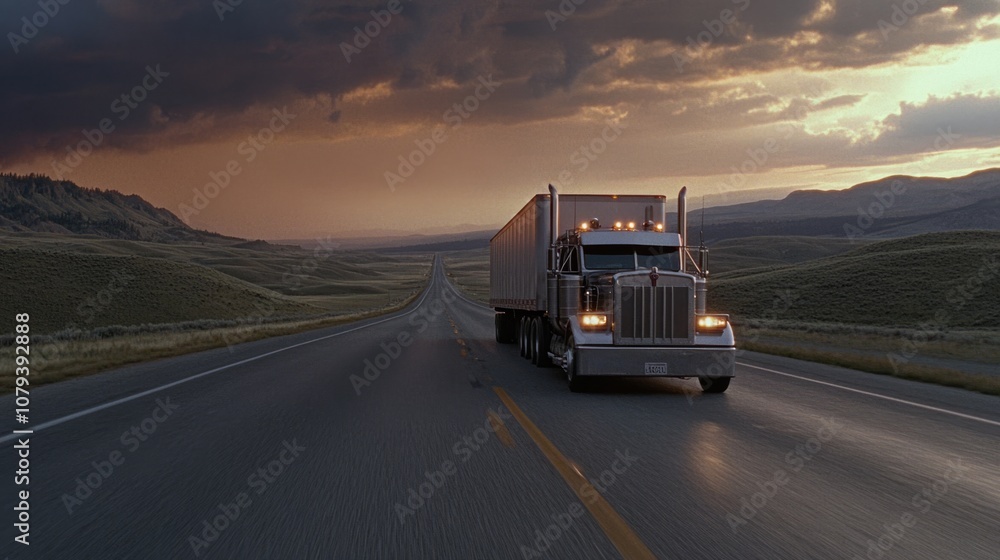 A powerful truck drives on an endless highway beneath a dramatic sunset, with expansive plains stretching into the distance. A powerful truck drives on an endless highway beneath a dramatic sunset, with expansive plains stretching into the distance.