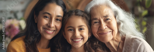 Mothers and daughters. Happy intergenerational latin family of 3 diverse age females pose for portrait together.