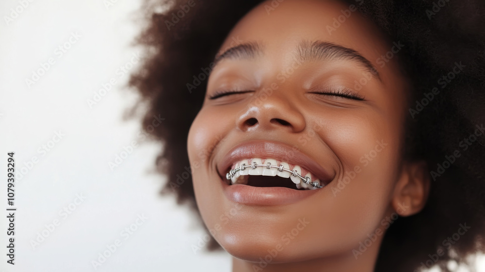 Joyful expression of a young woman with braces in a studio portrait Joyful expression of a young woman with braces in a studio portrait