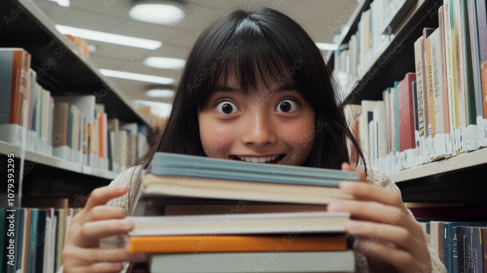 A young woman with wide eyes eagerly holds a stack of books, surrounded by library shelves, embodying the joy of learning. A young woman with wide eyes eagerly holds a stack of books, surrounded by library shelves, embodying the joy of learning.