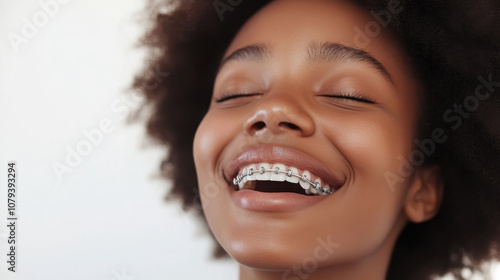 Joyful expression of a young woman with braces in a studio portrait