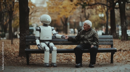 A robot and an elderly man share a gentle moment on a park bench, symbolizing the harmony and possible friendship between technology and humanity.