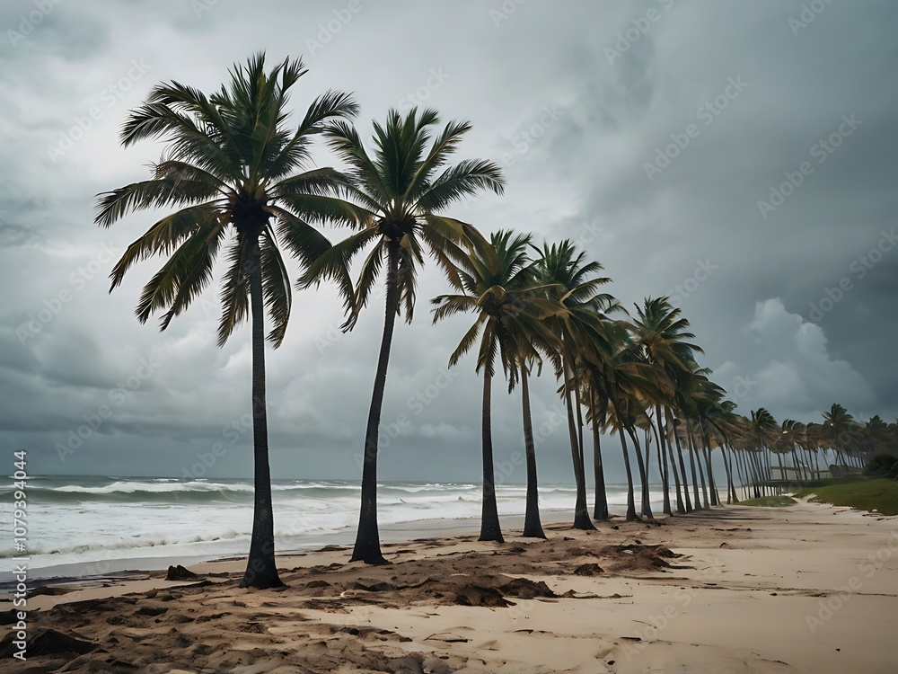 Fototapeta premium Palm Trees on a Beach Under an Overcast Sky