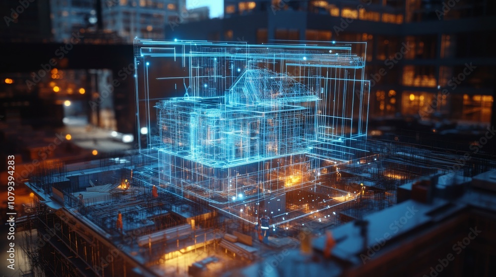 Digital Blueprint of a Modern Building Under Construction Digital Blueprint of a Modern Building Under Construction