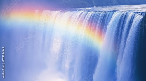 A majestic waterfall cascades with power, adorned by a luminous rainbow arching through the mist, embodying the wondrous beauty of nature.