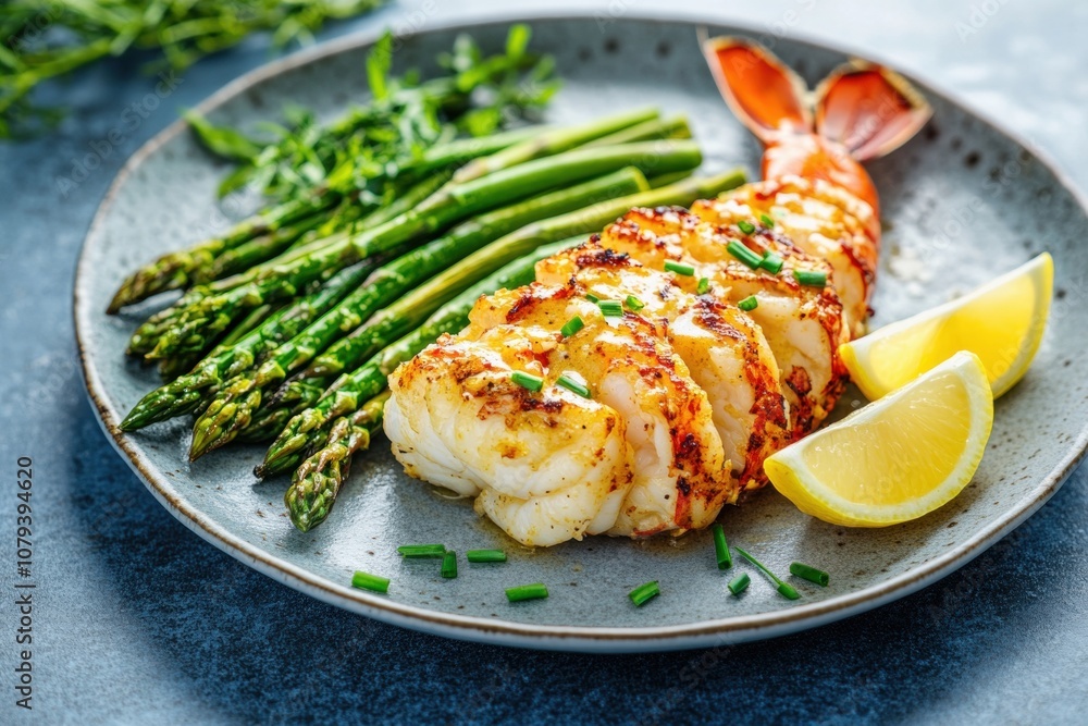 Elegant Lobster Tail with Garlic Butter, Served with Steamed Asparagus and Lemon Wedges Elegant Lobster Tail with Garlic Butter, Served with Steamed Asparagus and Lemon Wedges
