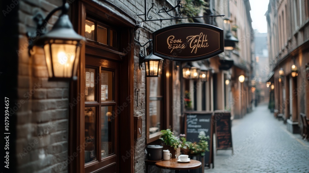 A quaint café on a cobblestone street exudes charm, with its blackboard menu and inviting atmosphere, illuminated by warm street lamps. A quaint café on a cobblestone street exudes charm, with its blackboard menu and inviting atmosphere, illuminated by warm street lamps.