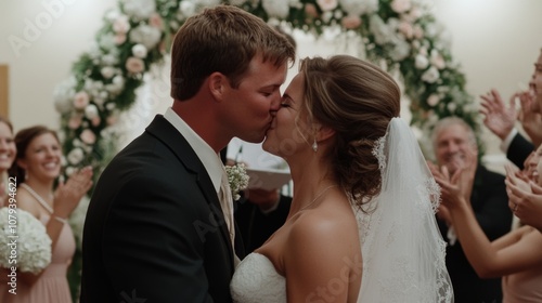 A newlywed couple shares a passionate kiss, captured in a touching moment of love and joy among family and friends, beneath an opulent floral backdrop.