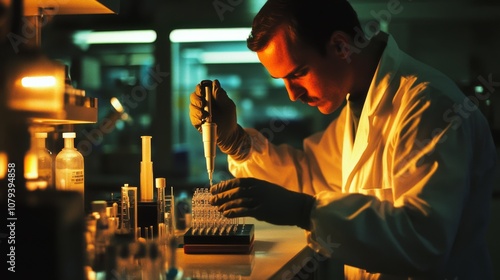 A scientist in a lab diligently works with precision tools under warm lighting, showcasing dedication to innovation and discovery. photo