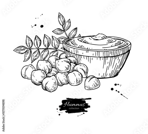 Hummus bowl with chickpeas. Hand drawn vector illustration. Traditional Arabic, Middle East food drawing. 