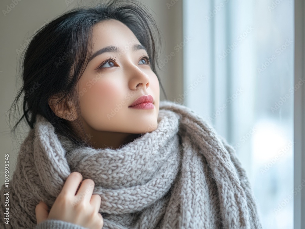 自宅で冬の部屋が寒い大変な女性 風邪や冷え性対策 上半身の見上げるクローズアップ 自宅で冬の部屋が寒い大変な女性 風邪や冷え性対策 上半身の見上げるクローズアップ