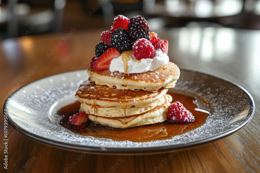 Stack of Fluffy Pancakes Topped with Fresh Berries and Whipped Cream Stack of Fluffy Pancakes Topped with Fresh Berries and Whipped Cream
