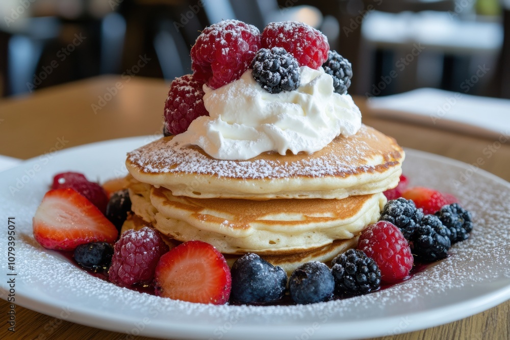Stack of Fluffy Pancakes Topped with Fresh Berries and Whipped Cream Stack of Fluffy Pancakes Topped with Fresh Berries and Whipped Cream