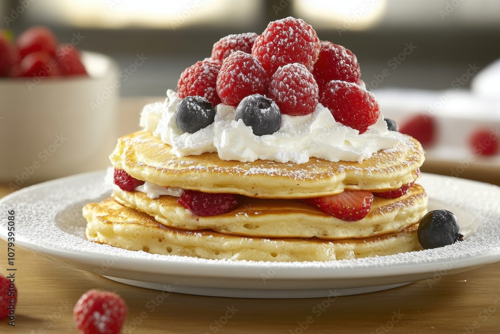 Stack of Fluffy Pancakes Topped with Fresh Berries and Whipped Cream Stack of Fluffy Pancakes Topped with Fresh Berries and Whipped Cream