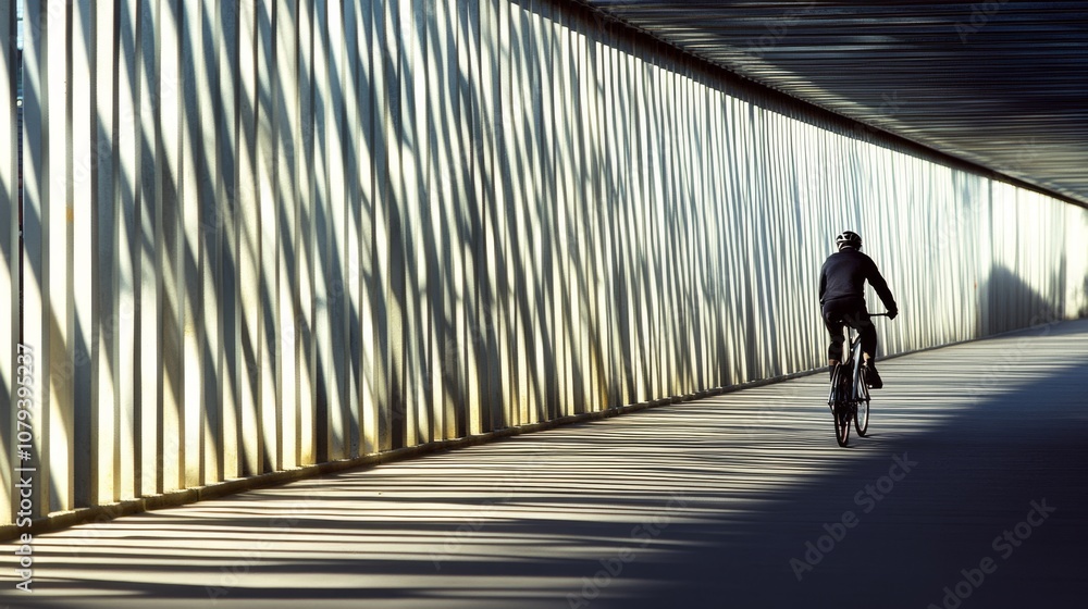 A cyclist glides through a tunnel of light and shadow, creating a rhythmic pattern and a sense of movement and freedom. A cyclist glides through a tunnel of light and shadow, creating a rhythmic pattern and a sense of movement and freedom.