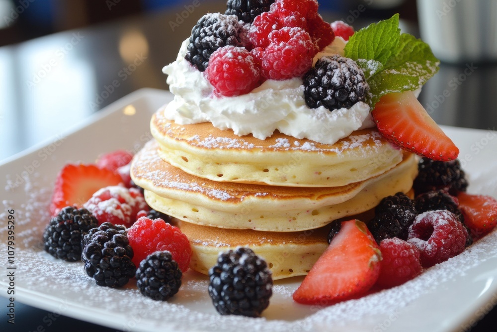 Stack of Fluffy Pancakes Topped with Fresh Berries and Whipped Cream Stack of Fluffy Pancakes Topped with Fresh Berries and Whipped Cream