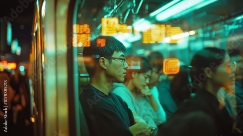 In a bustling train, introspective passengers reflect amid a sea of vibrant city lights and kaleidoscopic reflections.