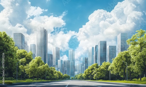 Generative AI image of cityscape with skyscrapers and architecture of residential buildings with road green trees in daylight against cloudy blue sky