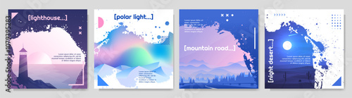 Vector illustration set. Nature scene landscape of lighthouse by sea, aurora borealis, mountain road, night desert. Ink splatter overlay. Gradient futuristic design template of square web bannner