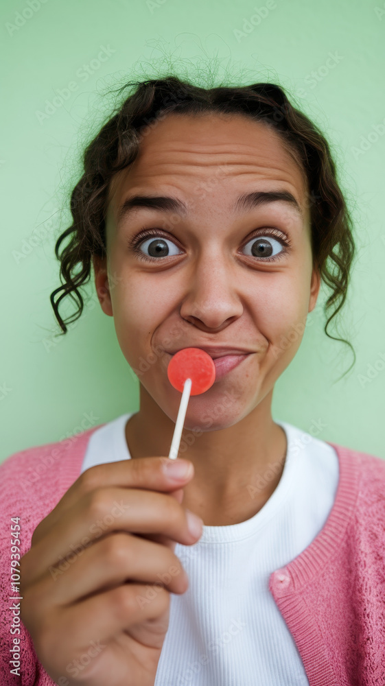 Excited young girl with curly hair holds a red lollipop, showcasing her playful expression against a vibrant green background. Excited young girl with curly hair holds a red lollipop, showcasing her playful expression against a vibrant green background.