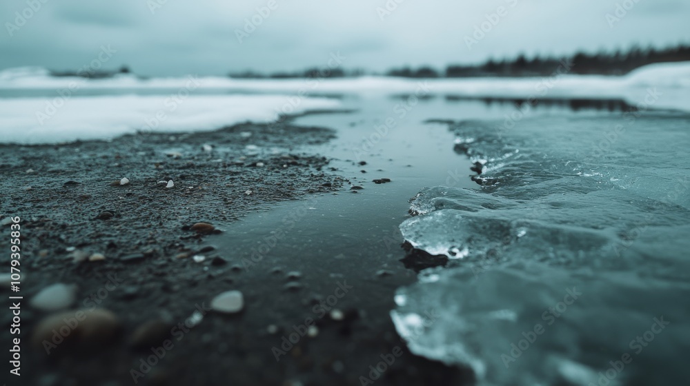 Icy shoreline meets dark sands under an overcast sky, creating a striking contrast of textures and tones in a cold seascape. Icy shoreline meets dark sands under an overcast sky, creating a striking contrast of textures and tones in a cold seascape.