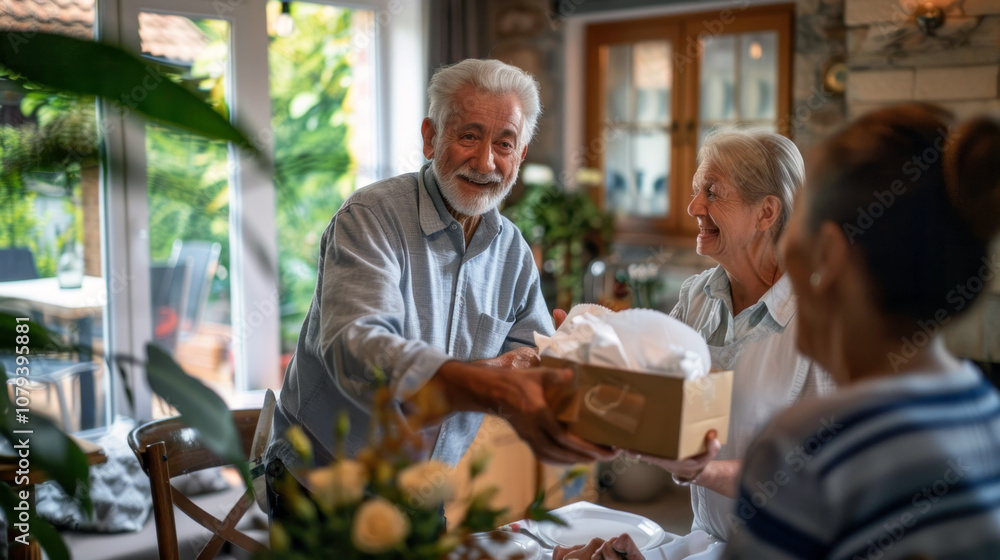 An elderly man smiles as he hands a beautifully wrapped gift to two cheerful women seated at a table. The cozy indoor space is filled with greenery An elderly man smiles as he hands a beautifully wrapped gift to two cheerful women seated at a table. The cozy indoor space is filled with greenery