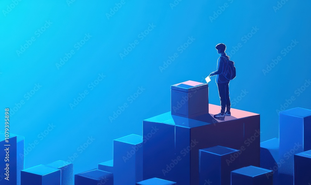 Generative AI illustration of crop anonymous person putting the vote in ballot box against blue background Generative AI illustration of crop anonymous person putting the vote in ballot box against blue background