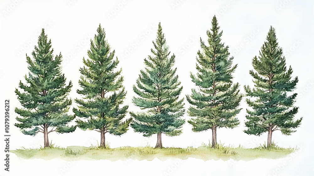 Watercolor illustration of a row of pine trees Watercolor illustration of a row of pine trees