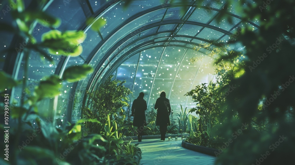 Two people walk through a magical, glowing greenhouse, surrounded by lush plants and twinkling lights, evoking a sense of wonder and enchantment. Two people walk through a magical, glowing greenhouse, surrounded by lush plants and twinkling lights, evoking a sense of wonder and enchantment.