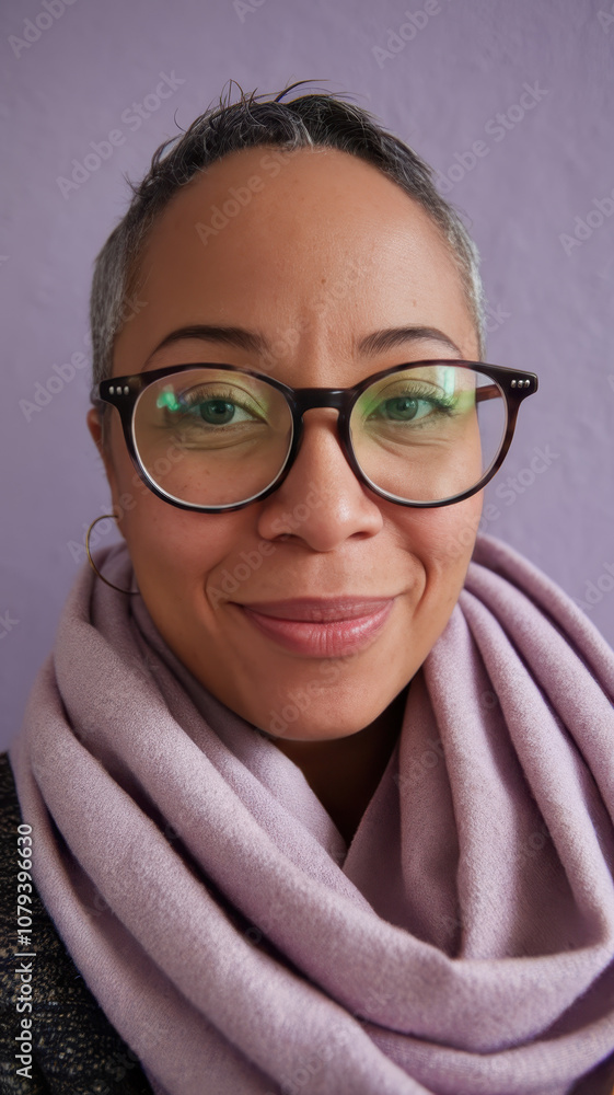 A confident woman of African descent wearing stylish glasses and a soft lavender scarf, smiling warmly against a pastel purple background. A confident woman of African descent wearing stylish glasses and a soft lavender scarf, smiling warmly against a pastel purple background.