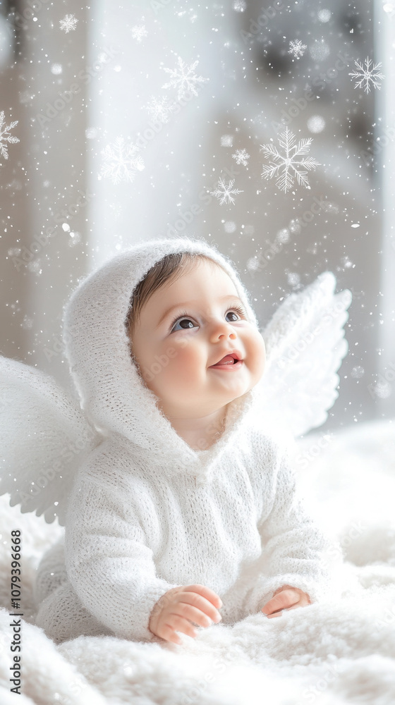 Dreamy angelic baby in cozy white winter scene for holiday card design Dreamy angelic baby in cozy white winter scene for holiday card design