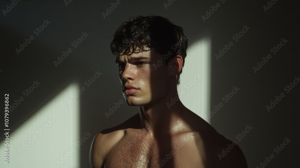 Obraz premium A young man gazes thoughtfully into the distance, illuminated by dramatic shadow and light, capturing a moment of introspection and resilience.