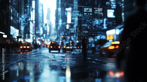 Futuristic Cityscape with Digital Overlay