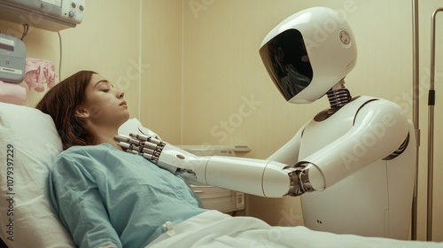 A robot gently tends to a patient in a serene hospital room, illustrating a caring blend of advanced technology and human healthcare. photo