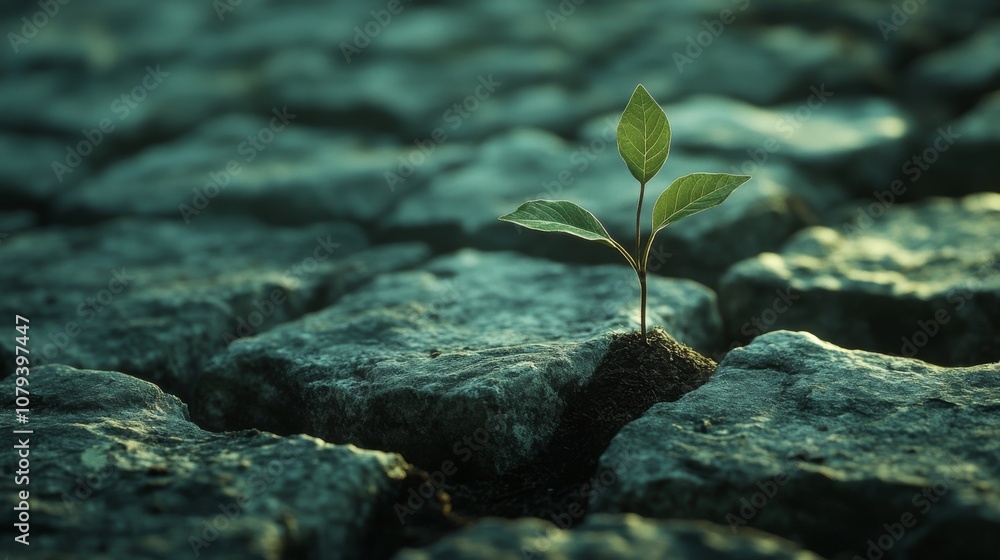 A resilient green sprout emerges from cracked stone pavement, symbolizing hope and renewal amid adversity. A resilient green sprout emerges from cracked stone pavement, symbolizing hope and renewal amid adversity.