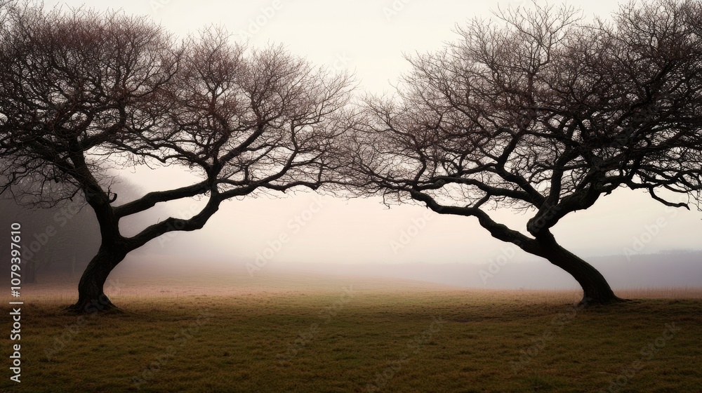 Two intertwined trees frame a misty open field, their bare branches creating a natural, symmetrical archway in the serene landscape. Two intertwined trees frame a misty open field, their bare branches creating a natural, symmetrical archway in the serene landscape.