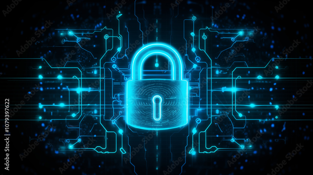 A digital padlock glowing with blue neon light, surrounded by binary code and data streams, abstract circuit board background, concept of cybersecurity, futuristic and secure A digital padlock glowing with blue neon light, surrounded by binary code and data streams, abstract circuit board background, concept of cybersecurity, futuristic and secure
