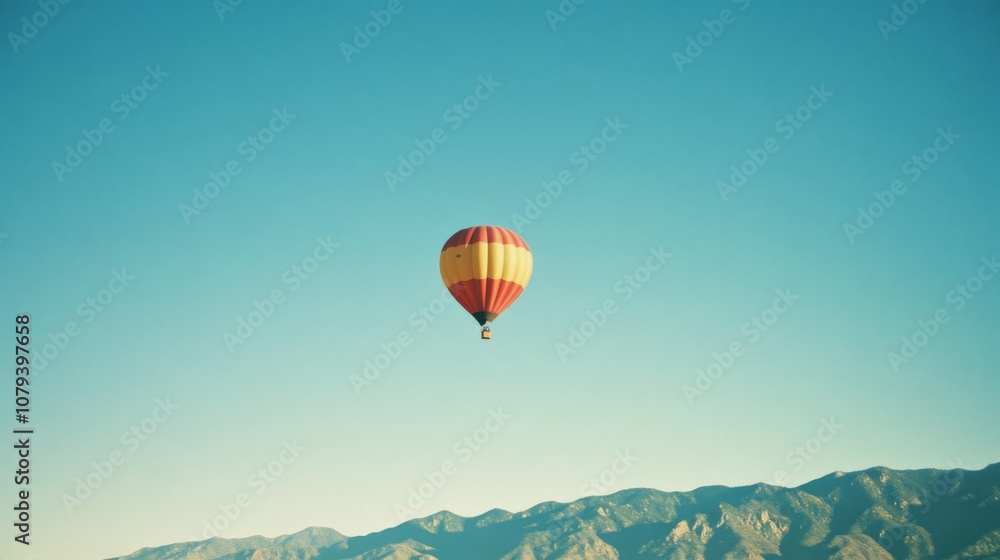 A lone hot air balloon drifts serenely against a clear blue sky, with a majestic mountain range providing a picturesque backdrop. A lone hot air balloon drifts serenely against a clear blue sky, with a majestic mountain range providing a picturesque backdrop.