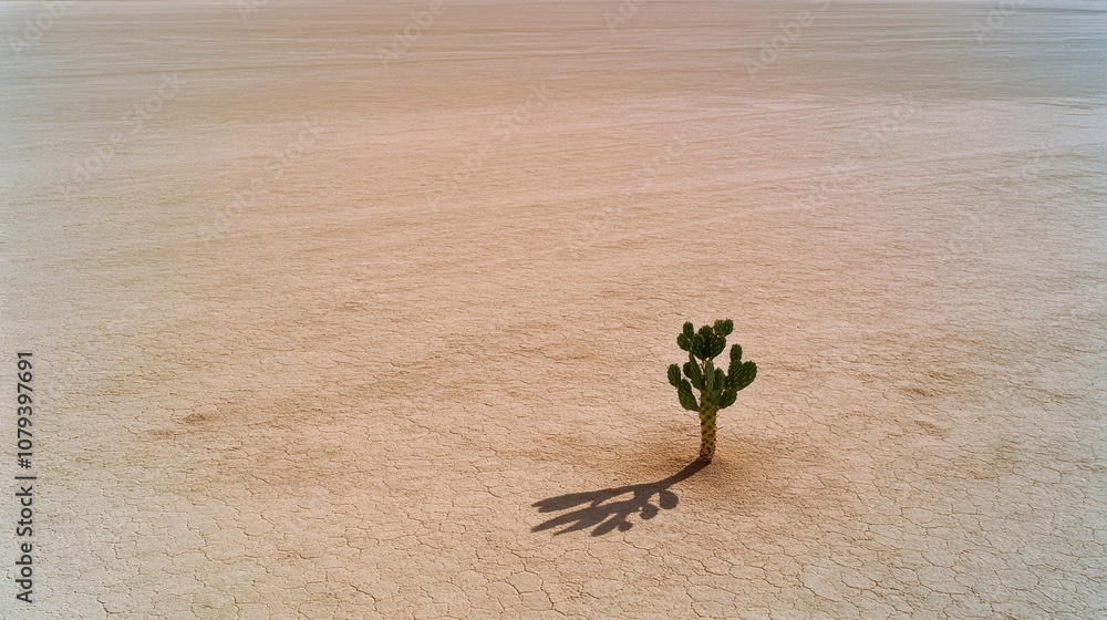 Obraz premium A lone cactus casts a long shadow on the vast, cracked surface of a barren desert, embodying resilience amidst desolation.