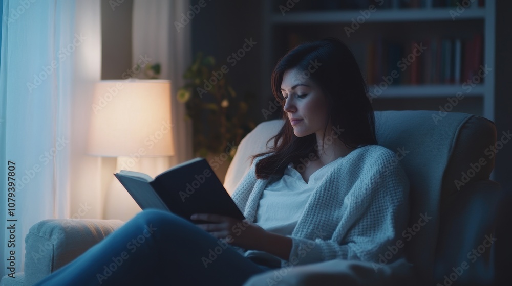 Woman reading a book at night in a cozy armchair Woman reading a book at night in a cozy armchair