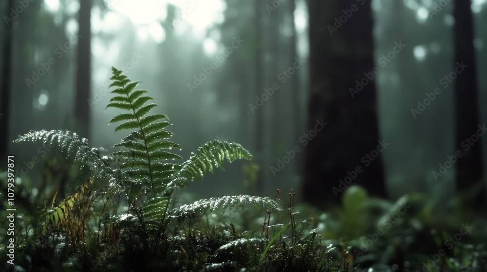 Obraz premium In a foggy forest, a solitary fern stands resplendent with dew, a symbol of resilience and delicate beauty amidst towering trees.
