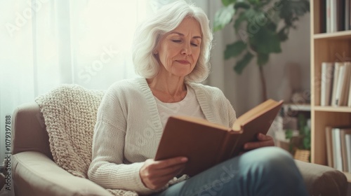 Senior woman reading a book in a bright and tranquil home setting