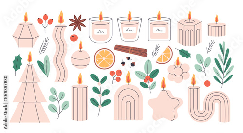 Christmas candles. Hand drawn candles with Christmas floral decorations, cinnamon, berries, leaves, clove spices. Winter design. Vector illustration in flat style