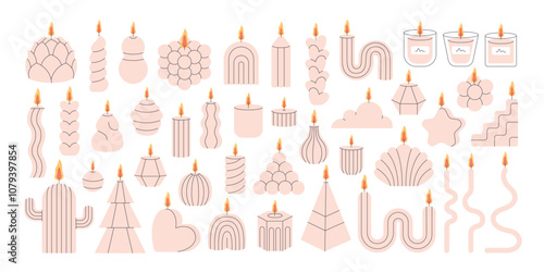 Decorative aromatic candles various shapes. Burning scented candles, home interior and aromatherapy. Vector illustration in flat style