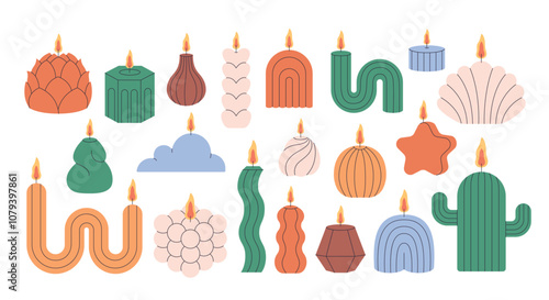 Decorative aromatic candles various shapes and colors. Burning scented candles, home interior and aromatherapy. Vector illustration in flat style