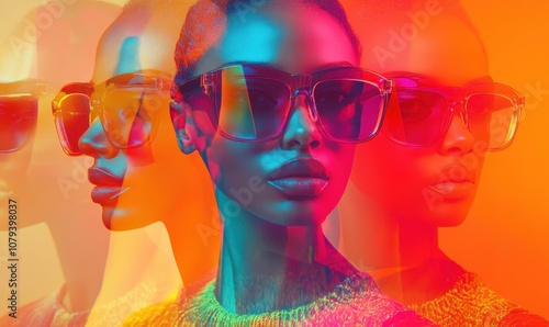Futuristic multicultural fashion with models in sunglasses. Generative AI image