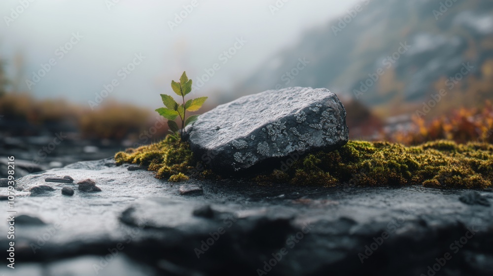 A solitary plant grows determinedly from moss on a rock, surrounded by misty mountains—symbolizing resilience and simplicity. A solitary plant grows determinedly from moss on a rock, surrounded by misty mountains—symbolizing resilience and simplicity.