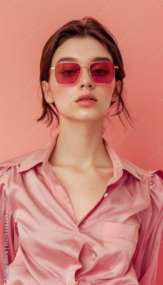 Fashion shooting model in stylish sunglasses on minimalistic background Fashion shooting model in stylish sunglasses on minimalistic background